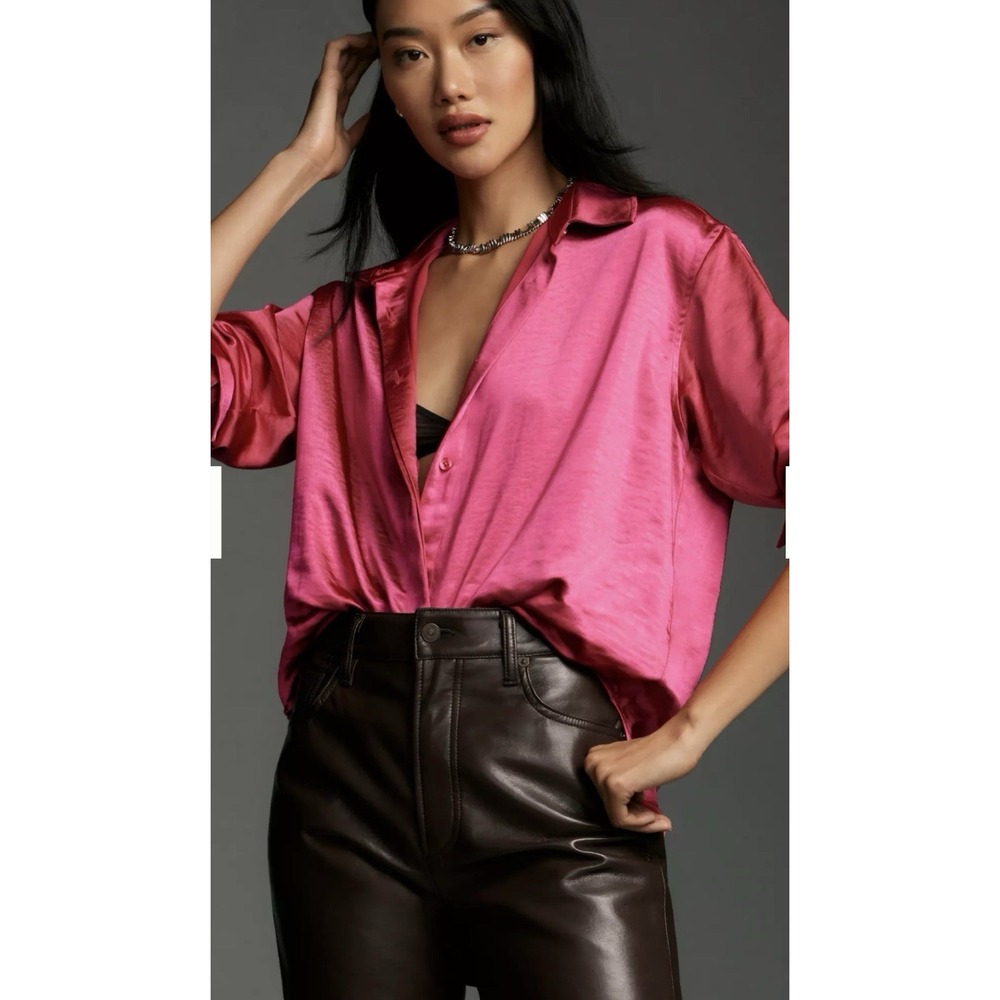 Good‎ American Button Down Shirt Women S/M Pink Excellent Satin GWT0247